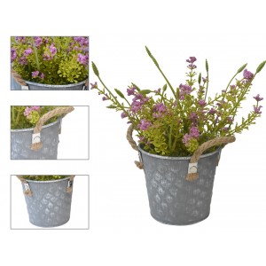 Planter metal vintage Cube-Shaped Planter artificial Flowers Lilac, Patina White, distressed Finish 23x10,5x12cm