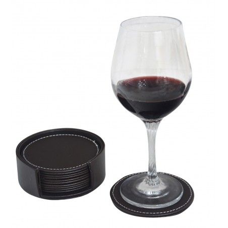 Coasters, round imitation leather with holder set of six units - Home and more