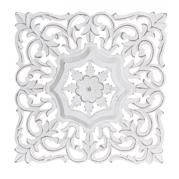 Mural de Madera Tallada Blanca para Pared, Retablos Pared Mandala. Decoración Original y Étnica  40x3,5x40 cm