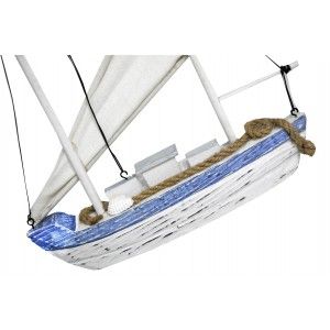 Velero Decoración Madera, Barco Decorativo Azul. Figura Marinera de Tela y cuerda, Vintage 26x6x28 cm