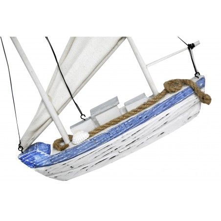 Barca A Vela Decorazione In Legno Di Barca Decorative Blu. Figura frutti di mare di Tessuto e corda, Vintage 26x6x28 cm