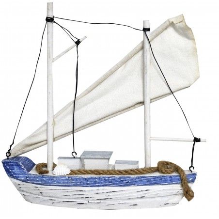 Velero Decoración Madera, Barco Decorativo Azul. Figura Marinera de Tela y cuerda, Vintage 26x6x28 cm