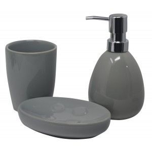 Set/Vasca, Set di 3 Pezzi in Ceramica, di Colore Grigio. Design moderno ed Elegante. Bicchiere, Dispenser e il Cassetto del