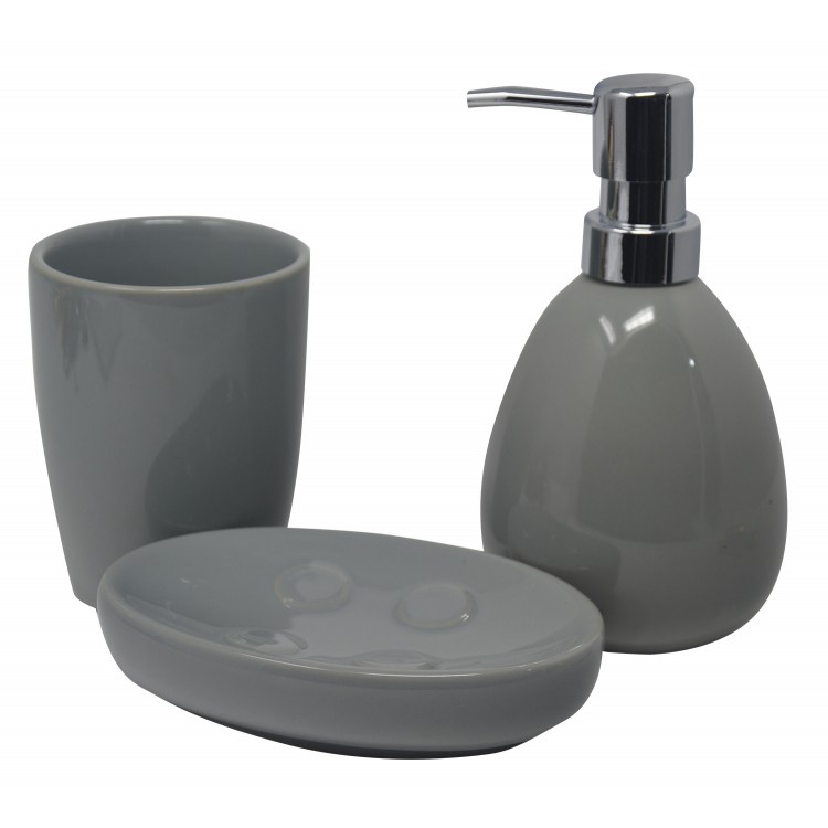 Juego/Set de Baño 3 Piezas en Cerámica, Color Gris. Diseño Moderno y Elegante. Vaso, Dispensador y Bandeja de baño -Hogarymas
