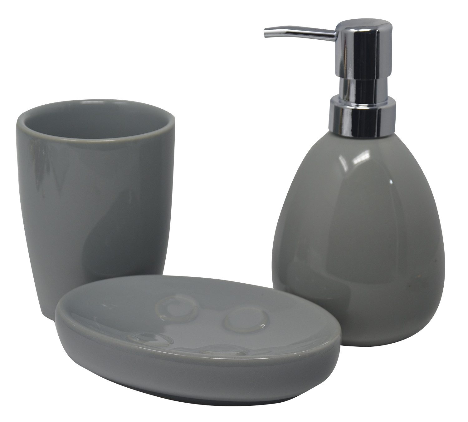 Juego/Set de Baño 3 Piezas en Cerámica, Color Gris. Diseño Moderno y Elegante. Vaso, Dispensador y Bandeja de baño -Hogarymas