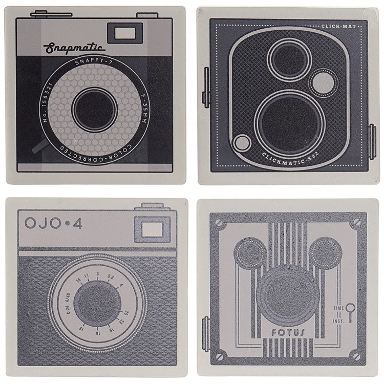 Set de 4 Posavasos, Cuadrados, Con Diseño de Cámara, Realizado en Dolomite. Diseño Vintage/ Moderno  10,8X10,8X0,7 cm