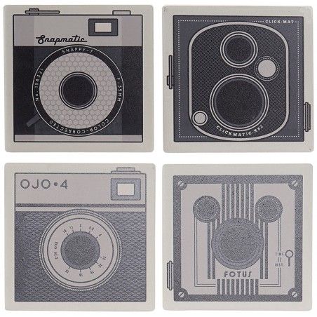 Set de 4 Posavasos, Cuadrados, Con Diseño de Cámara, Realizado en Dolomite. Diseño Vintage/ Moderno  10,8X10,8X0,7 cm