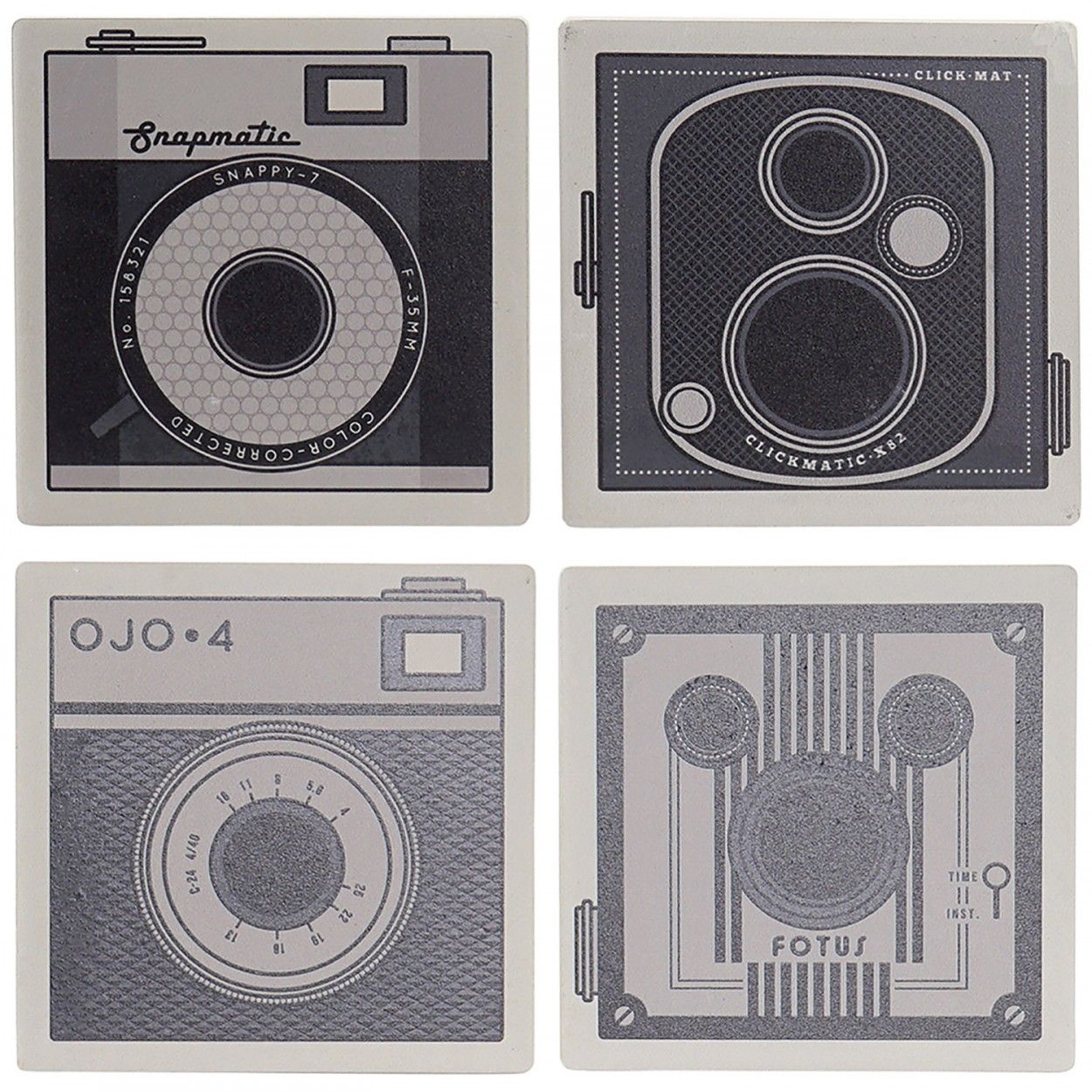 Set de 4 Posavasos, Cuadrados, Con Diseño de Cámara, Realizado en Dolomite. Diseño Vintage/ Moderno  10,8X10,8X0,7 cm
