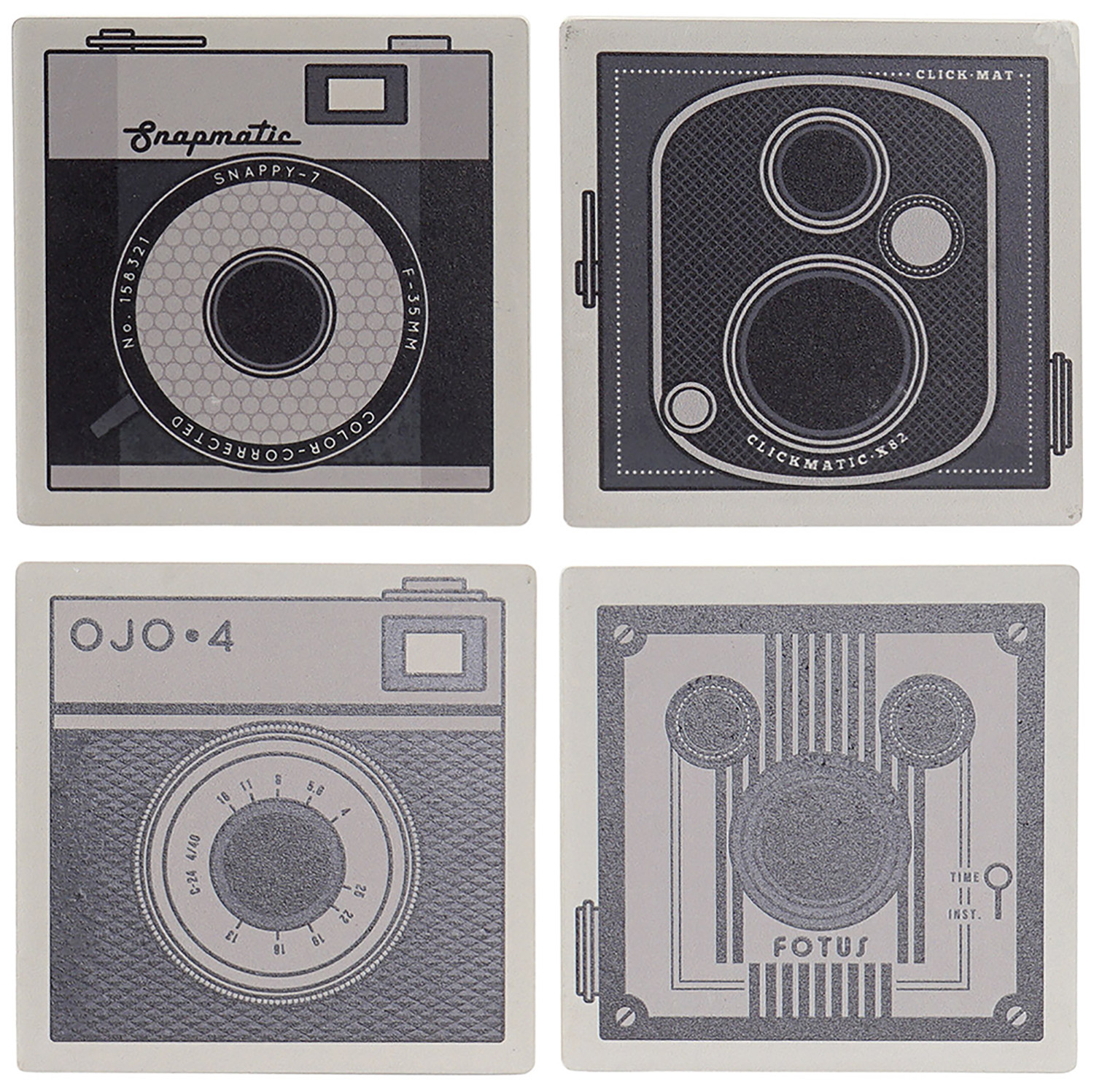 Set de 4 Posavasos, Cuadrados, Con Diseño de Cámara, Realizado en Dolomite. Diseño Vintage/ Moderno  10,8X10,8X0,7 cm