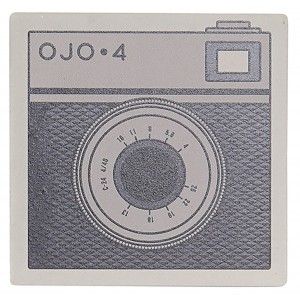 Set de 4 Posavasos, Cuadrados, Con Diseño de Cámara, Realizado en Dolomite. Diseño Vintage/ Moderno  10,8X10,8X0,7 cm