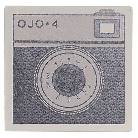 Set de 4 Posavasos, Cuadrados, Con Diseño de Cámara, Realizado en Dolomite. Diseño Vintage/ Moderno  10,8X10,8X0,7 cm
