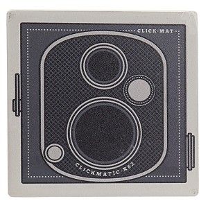 Set de 4 Posavasos, Cuadrados, Con Diseño de Cámara, Realizado en Dolomite. Diseño Vintage/ Moderno  10,8X10,8X0,7 cm