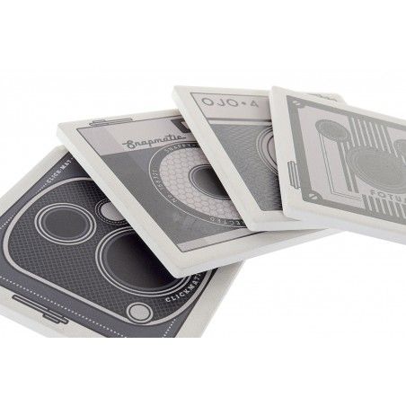 Set de 4 Posavasos, Cuadrados, Con Diseño de Cámara, Realizado en Dolomite. Diseño Vintage/ Moderno  10,8X10,8X0,7 cm