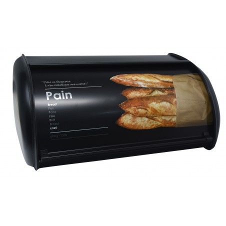 Panera Scatola di Metallo per Salvare il Pane, Coperchio scorrevole, con il Disegno di Pane, Nero Opaco, 14,5x34x23cm - Casa e