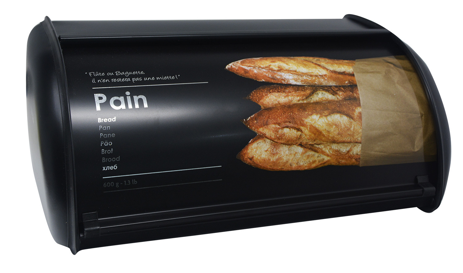 Panera le Métal de la Boîte pour Enregistrer le Pain, Couvercle coulissant, avec le Dessin de Pain, Noir Mat, 14,5x34x23cm -
