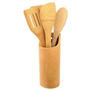 Set di 4 Pentole, Utensili, Cucina, Bambu, 2 Cucchiai e 2 Spatole e di Supporto, utensili da cucina, utensili da 31,5 cm
