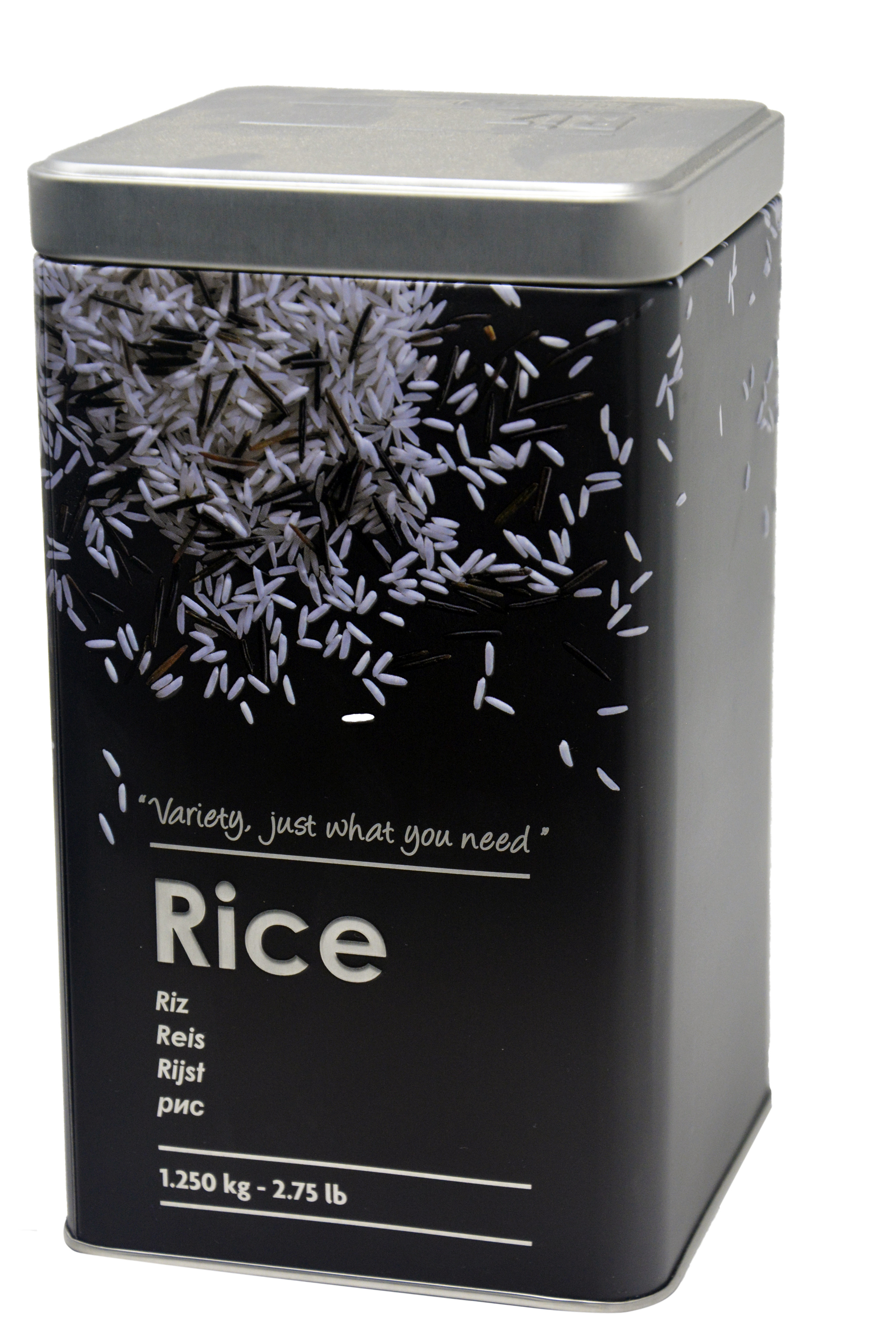 Box Rice Metal Modern Rice Box Black and Silver in Relief, with Pictures of Grains of Rice, 10,5x18,5cm - Home and More