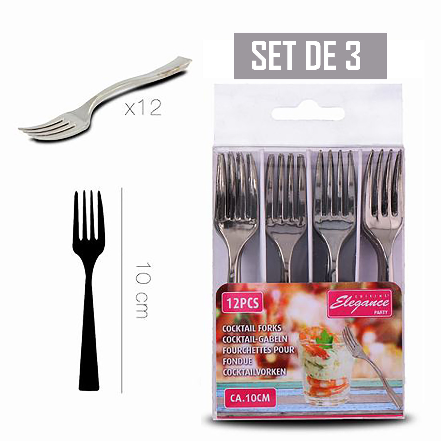 Set of Forks for Cocktail, 3 Packs of 12 Pieces, 36 Forks Cocktail disposable, Silver Plastic, 10 " - Home and More