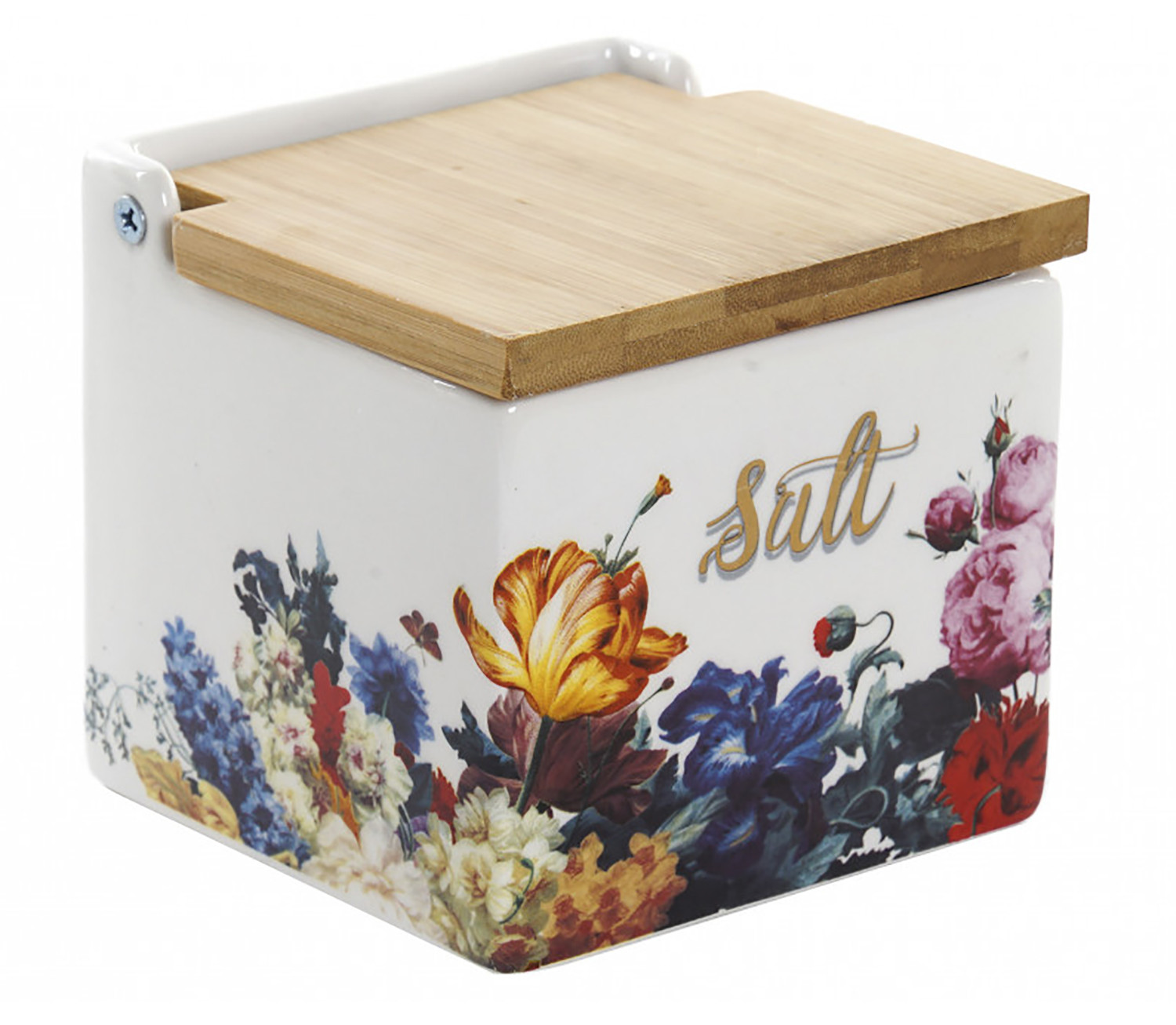 Salt shaker Kitchen Floral with a Cap of Wood, Bamboo, 750 ml, Storage of Spices. Jar/Pot Canned 11x11x11 cm