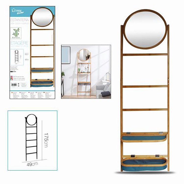 Shelf with Mirror and Baskets with 5 Shelves, made in Natural Wood. Ergonomic design/Bassic 49x3x175cm - Home and More