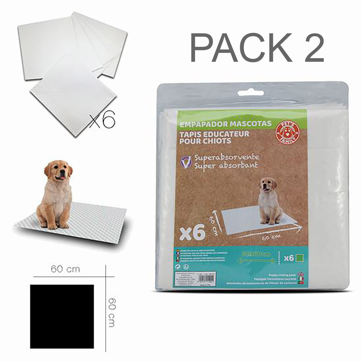 Empapador Dogs X6 set of 2, Wipes to training Pets. Mat Hygienic Absorbent 60x60 cm