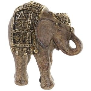 Elefante della Fortuna di Resina, di colore Marrone con Oro, con Finitura Lucida, Decorativo Figura Elefante Indù, 9,5x4,5 x 10