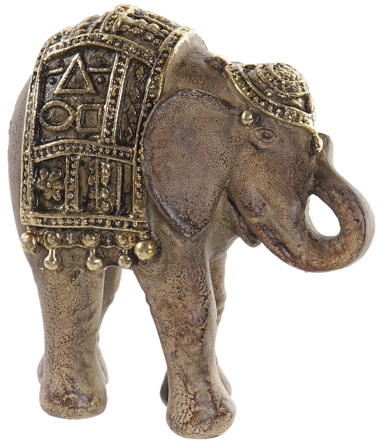 Elefante de la Suerte de Resina, color Marrón con Dorado, con Acabado Brillante, Figura Decorativa Elefante Hindú 9,5x4,5x10cm