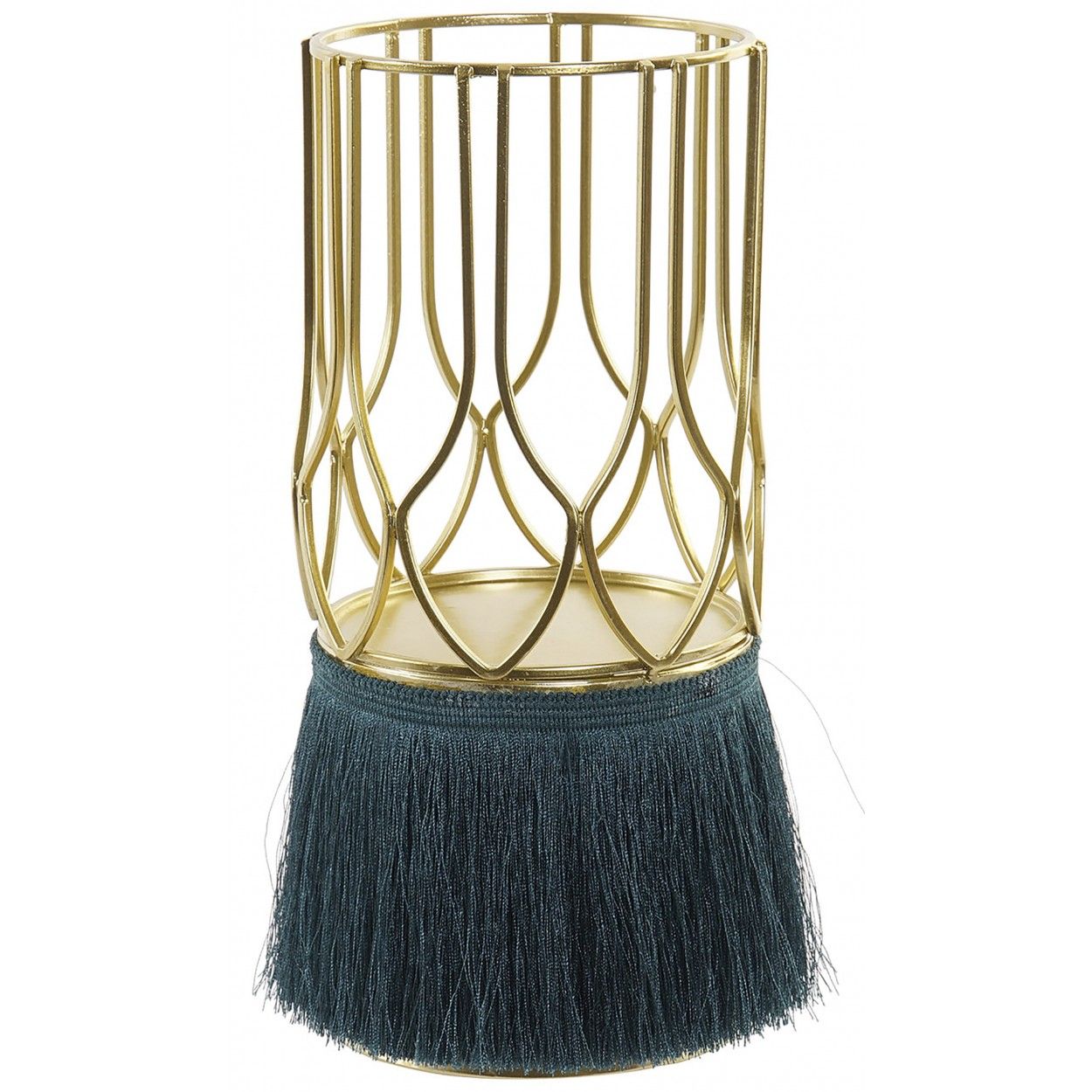 Porta candles with Metal Structure and Fringe, Porta candles Decorative Gold. Support Metal to Candle 11,5X11,5X26 cm
