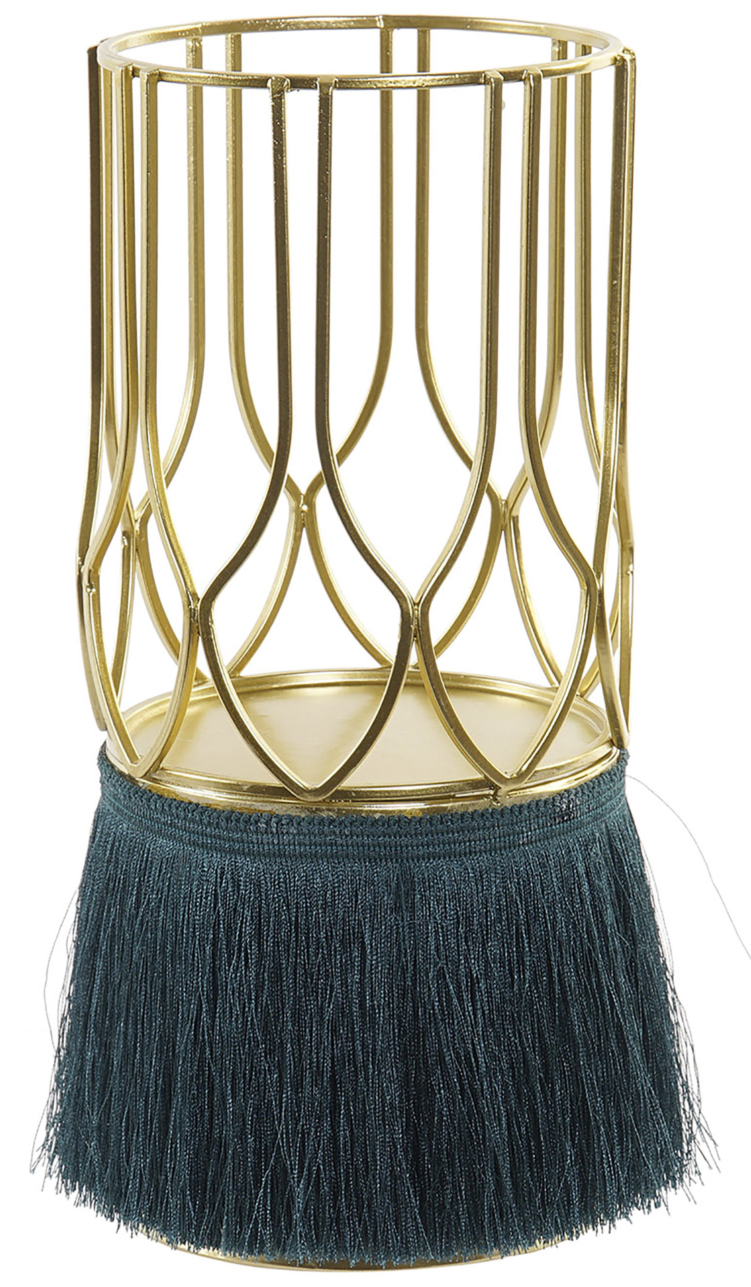 Porta candles with Metal Structure and Fringe, Porta candles Decorative Gold. Support Metal to Candle 11,5X11,5X26 cm