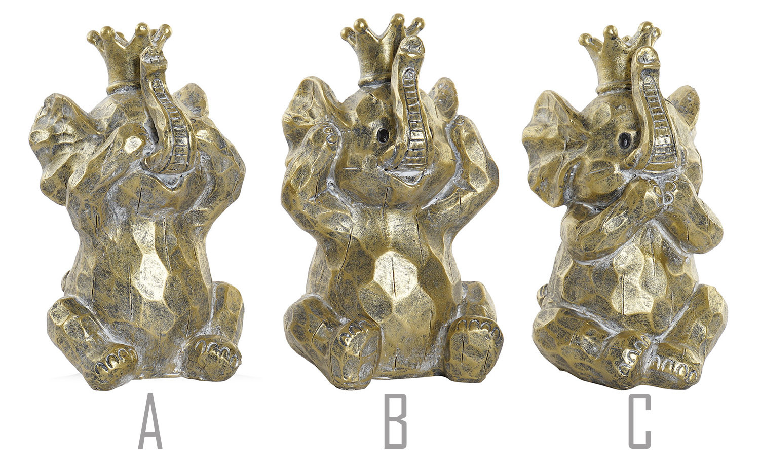 Figure Elephant Gold, Elephant Gold tone Resin "3 Wise Monkeys", interior Decoration, Modern/Original 13,5x11,5x21cm