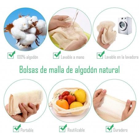 Bag Purchase Reusable, set of 3 Mesh Bags Organic, 100% Cotton, Bags Portalimentos. 25x20cm/30x25cm/40x30cm