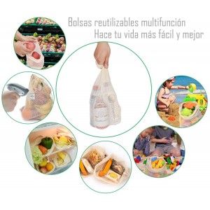 Bolsa Compra Reutilizable, Juego de 3 Bolsas de Malla Ecológica, 100% Algodón, Bolsas Portalimentos. 25x20cm/30x25cm/40x30cm