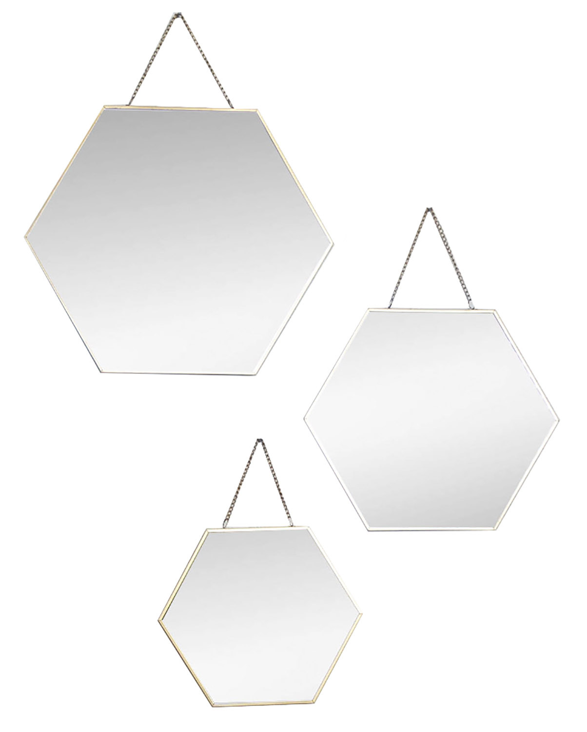 Espejo de Pared Geométrico, Juego de 3 Espejos Hexagonales Dorados, Decoración Moderna/Original, 3 Tamaños Diferentes.