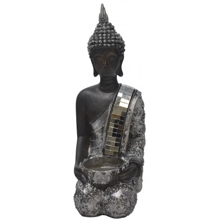 Figure Buddha of Luck Sit, Figure Candleholder Buddha, Decoration, Buddhist, Buddha, Lucky, Silver Mirrors, 23x14x8cm