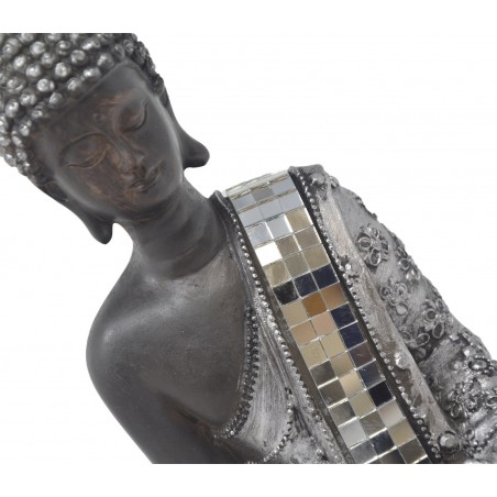 Figura Buda de la Suerte Sentado, Figura Portavelas Buda, Decoración Budista, Buda de la Suerte Plateado con Espejos, 23x14x8cm