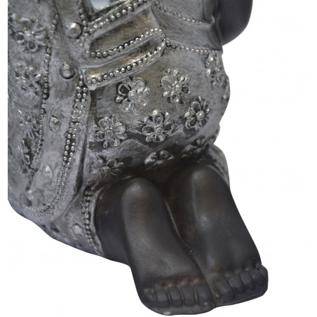 Figura Buda de la Suerte Sentado, Figura Portavelas Buda, Decoración Budista, Buda de la Suerte Plateado con Espejos, 23x14x8cm