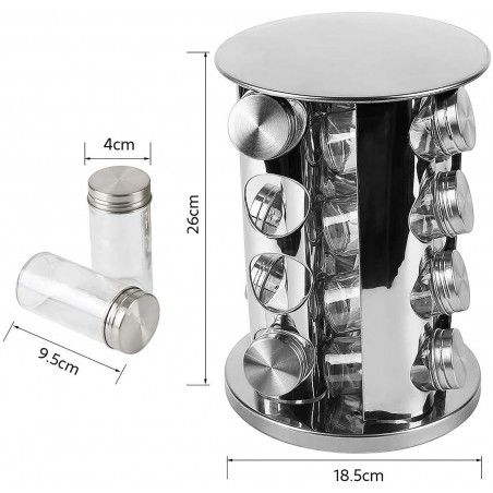 Especiero Organizador, Juego de 16 botes para especias de cocina con soporte giratorio. PortaEspecias Acero Inox 27x19 cm