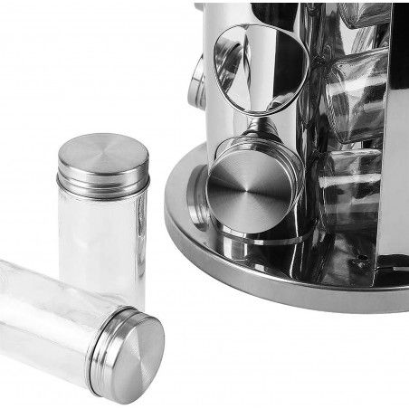 Especiero Organizador, Juego de 16 botes para especias de cocina con soporte giratorio. PortaEspecias Acero Inox 27x19 cm
