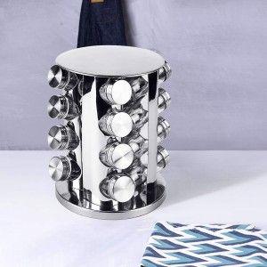 Especiero Organizador, Juego de 16 botes para especias de cocina con soporte giratorio. PortaEspecias Acero Inox 27x19 cm