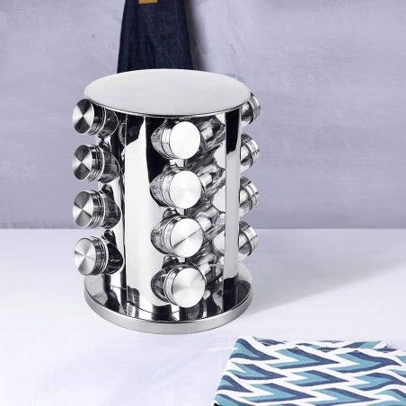 Especiero Organizador, Juego de 16 botes para especias de cocina con soporte giratorio. PortaEspecias Acero Inox 27x19 cm