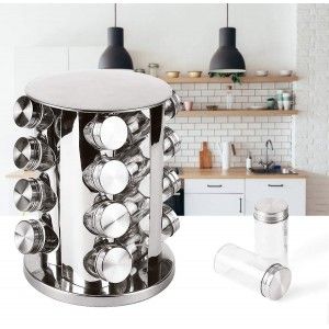 Especiero Organizador, Juego de 16 botes para especias de cocina con soporte giratorio. PortaEspecias Acero Inox 27x19 cm