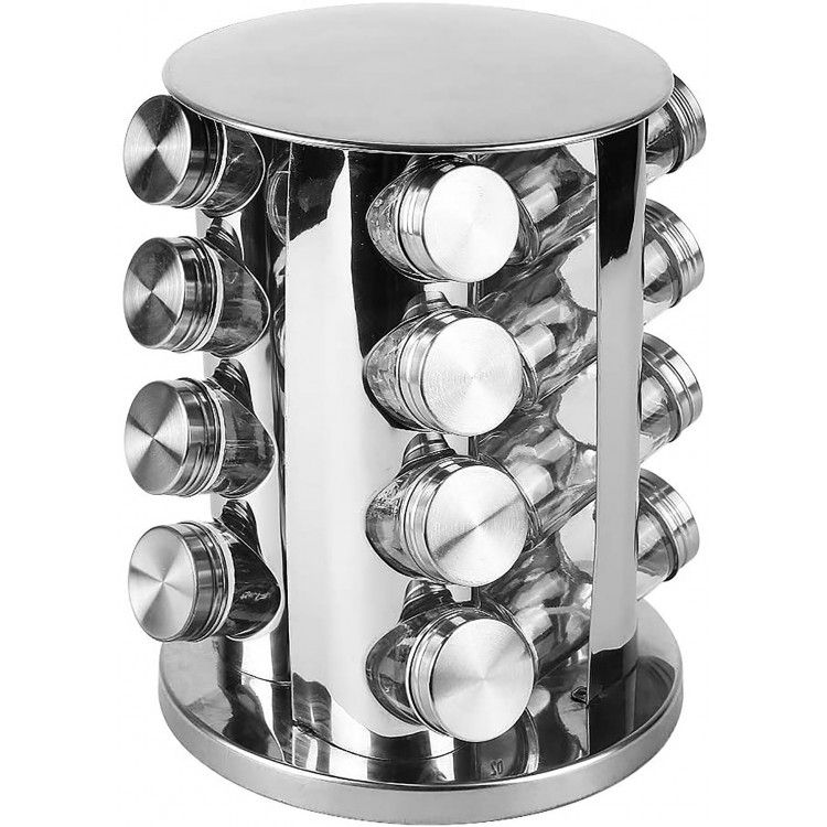 Especiero Organizador, Juego de 16 botes para especias de cocina con soporte giratorio. PortaEspecias Acero Inox 27x19 cm