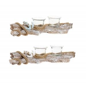 Support en métal Décorée avec la conception de Tronc en Résine et en Verre de 2 Bougies 31,5x8x7,5 cm