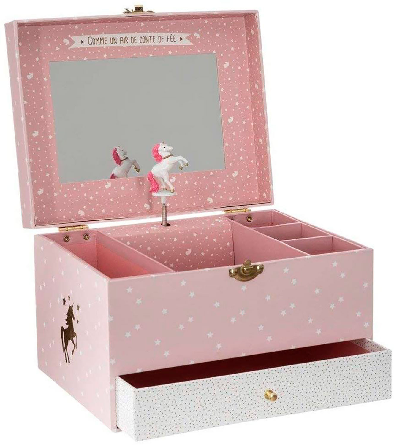 Joyero Musical Infantil Unicornio, color Rosa y Blanco, "ONCE UPON A TIME", Diseño Infantil con estilo Fantasía 21,5x16,5x14cm