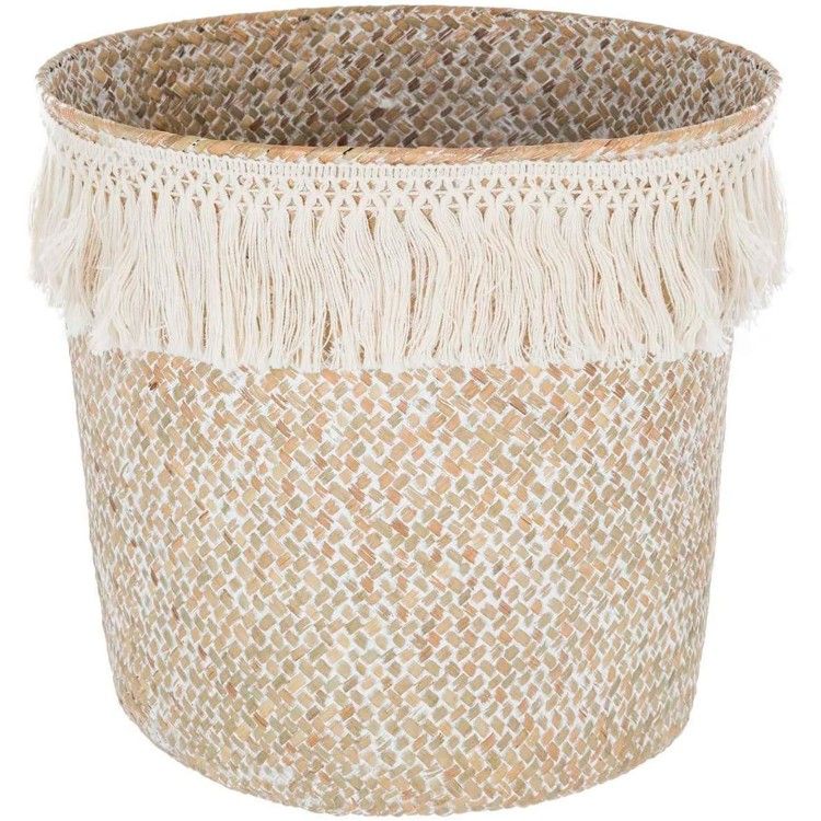 Basket Rattan Wicker Natural, stylish Ethnic, Basket Natural with Fringes, Storage, modern, original, 26x24cm