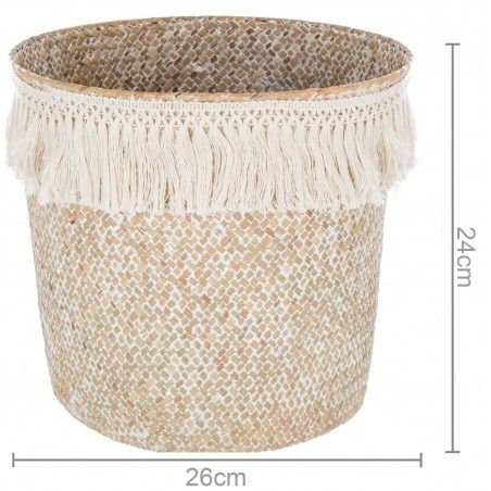 Basket Rattan Wicker Natural, stylish Ethnic, Basket Natural with Fringes, Storage, modern, original, 26x24cm