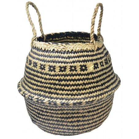 Cesto Junco de Mimbre Natural, con estilo Etnico, Cesto Natural en ZigZag Negro Plegable, Almacenaje moderno y original, 36x36cm