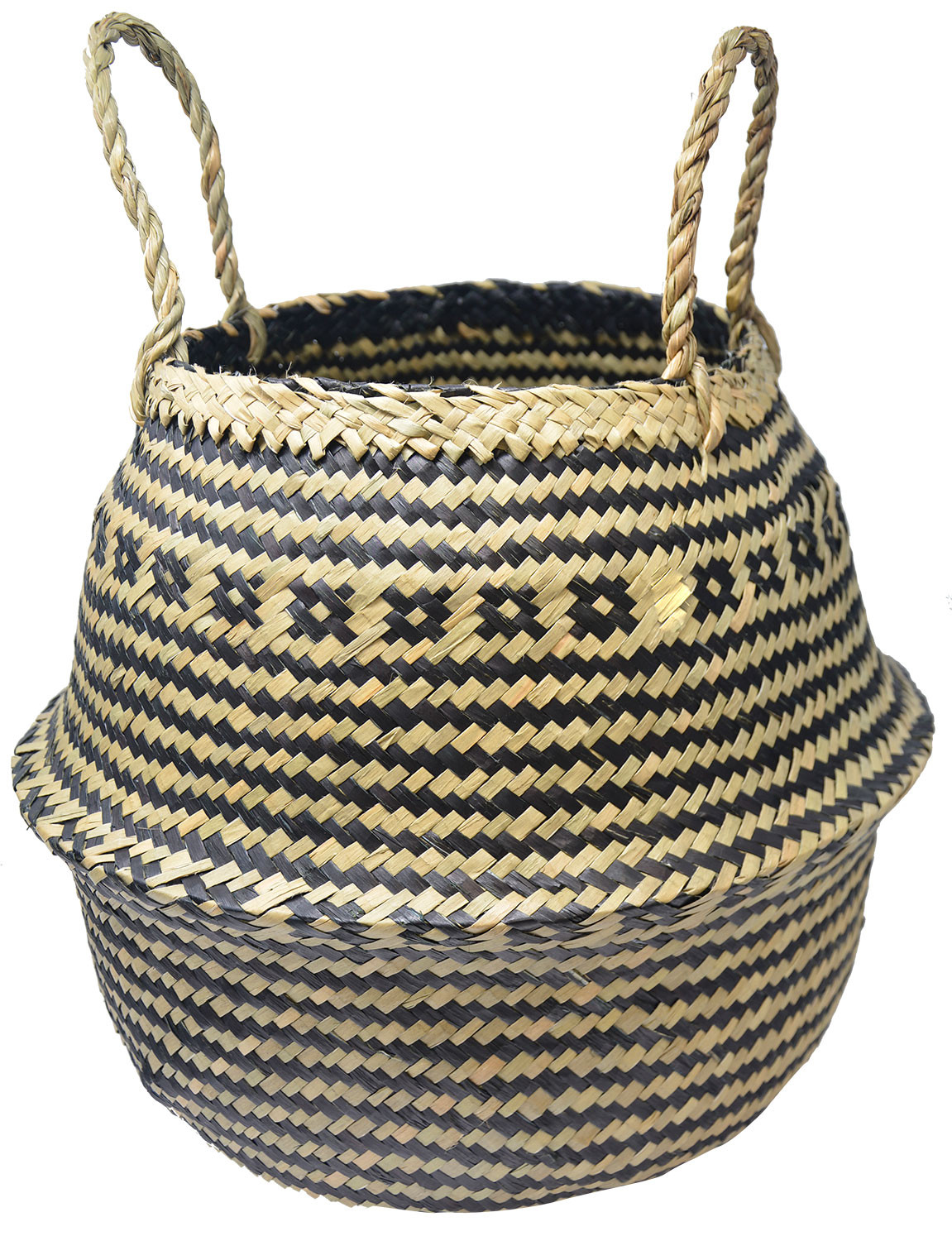 Cesto Junco de Mimbre Natural, con estilo Etnico, Cesto Natural en ZigZag Negro Plegable, Almacenaje moderno y original, 36x36cm