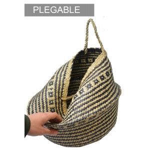 Cesto Junco de Mimbre Natural, con estilo Etnico, Cesto Natural en ZigZag Negro Plegable, Almacenaje moderno y original, 36x36cm
