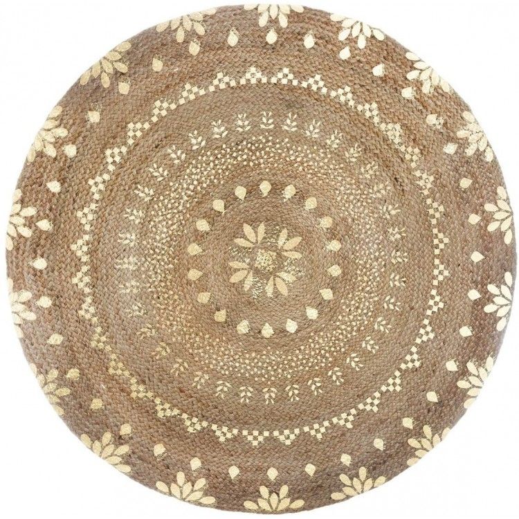Tappeto in Juta per soggiorno o Camera da letto , Finitura Oro, Tappeto 100% Naturale Round. Arredamento Arazzo etnico 115 cm